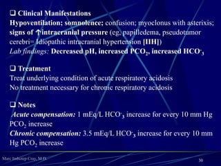 Marc Imhotep Cray, M.D.
Pathophysiology
Primary disturbance: Increase in HCO-
3 concentration
Compensatory response: Increase in PCO2
hypoventilation causes PCO2 to increase in order to
increase bicarbonate concentration
Metabolic alkalosis is generally associated w
hypokalemia that acts to worsen the metabolic
alkalosis by increasing bicarbonate absorption in the
proximal tubule and hydrogen ion secretion in the distal
tubule
30
 