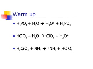 Warm up H 3 PO 4  + H 2 O    H 3 O +  + H 2 PO 4 - HClO 4  + H 2 O     - ClO 4  + H 3 O + H 2 CrO 4  + NH 3      + NH 4  + HCrO 4 - 