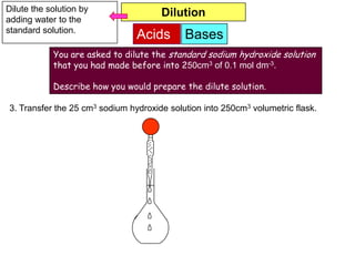 Dilute the solution by                Dilution
adding water to the
standard solution.
                                Acids       Bases
            You are asked to dilute the standard sodium hydroxide solution
            that you had made before into 250cm3 of 0.1 mol dm-3.

            Describe how you would prepare the dilute solution.

3. Transfer the 25 cm3 sodium hydroxide solution into 250cm3 volumetric flask.
 