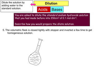 Dilute the solution by                  Dilution
adding water to the
standard solution.
                                 Acids        Bases
            You are asked to dilute the standard sodium hydroxide solution
            that you had made before into 250cm3 of 0.1 mol dm-3.

            Describe how you would prepare the dilute solution.

5. The volumetric flask is closed tightly with stopper and inverted a few time to get
    homogeneous solution.
 