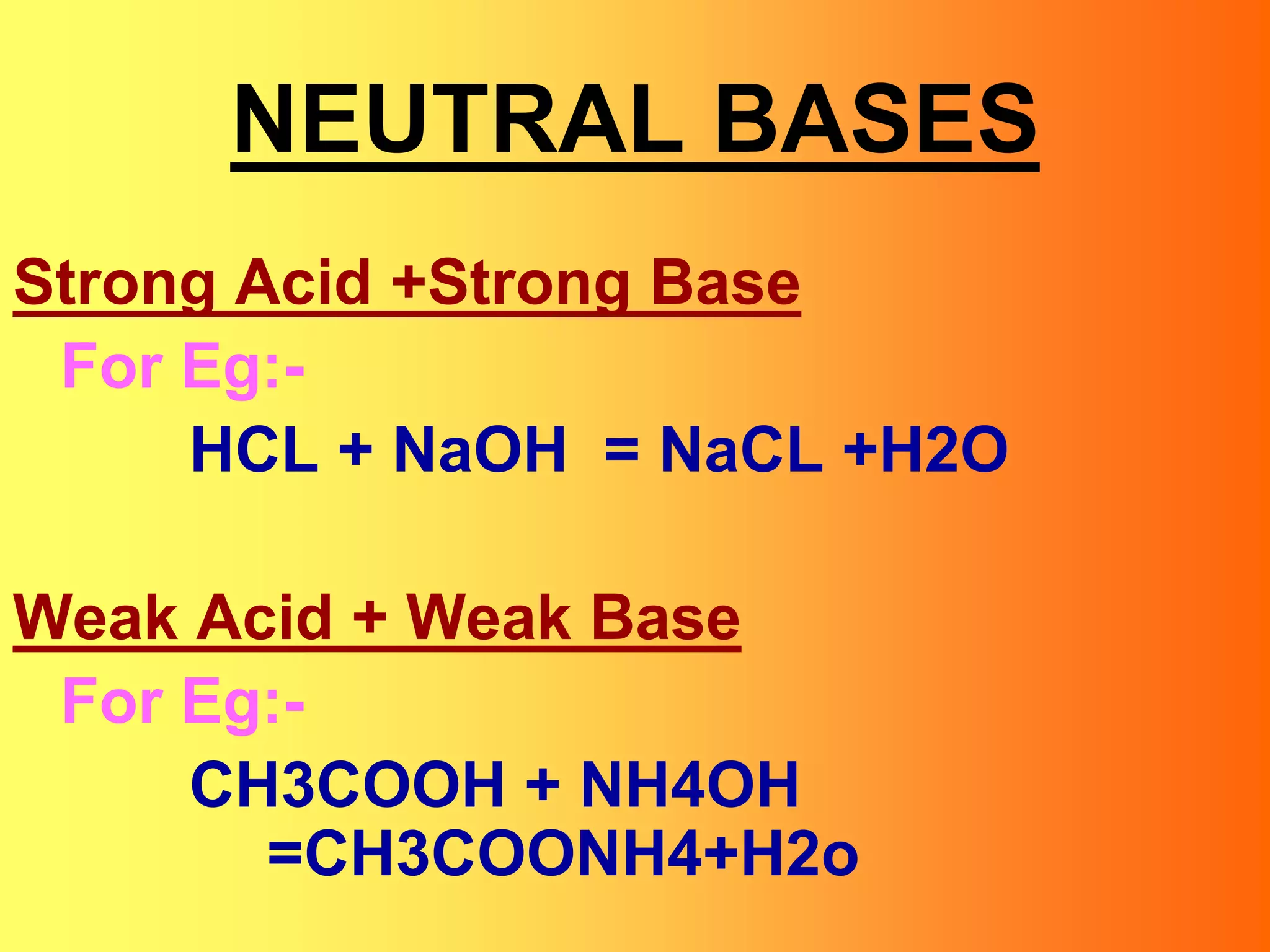 NEUTRAL BASES
Strong Acid +Strong Base
For Eg:-
HCL + NaOH = NaCL +H2O
Weak Acid + Weak Base
For Eg:-
CH3COOH + NH4OH
=CH3COONH4+H2o