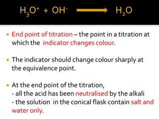 H3O+ + OH-

H2O



End point of titration – the point in a titration at
which the indicator changes colour.



The indicator should change colour sharply at
the equivalence point.



At the end point of the titration,
- all the acid has been neutralised by the alkali
- the solution in the conical flask contain salt and
water only.

 