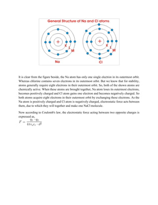 It is clear from the figure beside, the Na atom has only one single electron in its outermost orbit.
Whereas chlorine contains seven electrons in its outermost orbit. But we know that for stability,
atoms generally require eight electrons in their outermost orbit. So, both of the shown atoms are
chemically active. When these atoms are brought together, Na atom loses its outermost electrons,
becomes positively charged and Cl atom gains one electron and becomes negatively charged. So
both atoms acquire eight electrons in their outermost orbit by exchanging these electrons. As the
Na atom is positively charged and Cl atom is negatively charged, electrostatic force acts between
them, due to which they will together and make one NaCl molecule.
Now according to Coulomb's law, the electrostatic force acting between two opposite charges is
expressed as,
 
