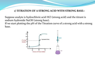 1) TITRATION OF A STRONG ACID WITH STRONG BASE:-
Suppose analyte is hydrochloric acid HCl (strong acid) and the titrant is
sodium hydroxide NaOH (strong base).
If we start plotting the pH of the Titration curve of a strong acid with a strong
base.
 