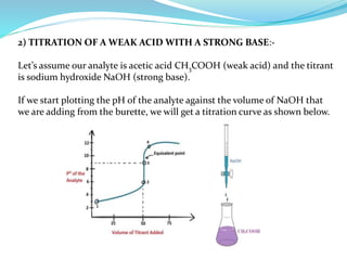 2) TITRATION OF A WEAK ACID WITH A STRONG BASE:-
Let’s assume our analyte is acetic acid CH3COOH (weak acid) and the titrant
is sodium hydroxide NaOH (strong base).
If we start plotting the pH of the analyte against the volume of NaOH that
we are adding from the burette, we will get a titration curve as shown below.
 