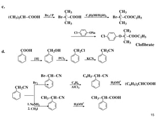 15
c.
(CH3)2CH COOH
Br2 / P
C
CH3
CH3
Br COOH
C2H5OH/H2SO4
Br C
CH3
CH3
COOC2H5
Cl ONa
Cl O C
CH3
CH3
COOC2H5
Clofibrate
d. COOH CH2OH
[H] PCl5 KCN
CH2Cl CH2CN
CH2CN
Br2
CH CNBr
C6H6
AlCl3
C6H5 CH CN
H2O/H
+
(C6H5)2CHCOOH
NaNH2
CH3I
1.
2.
CHCH3 CN CH COOH
H2O/H
+
CH3
 