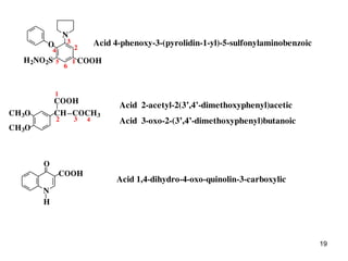19
COOH
O
H2NO2S
N
1
2
3
6
4
5
Acid 4-phenoxy-3-(pyrolidin-1-yl)-5-sulfonylaminobenzoic
1
2 3 4
CH3O
CH3O
CH COCH3
COOH
Acid 2-acetyl-2(3’,4’-dimethoxyphenyl)acetic
Acid 3-oxo-2-(3’,4’-dimethoxyphenyl)butanoic
N
H
COOH
O
Acid 1,4-dihydro-4-oxo-quinolin-3-carboxylic
 