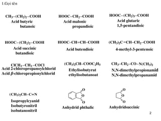 2
1.Goïi teân
CH3 (CH2)2 COOH CH2 COOHHOOC HOOC (CH2)3 COOH
Acid butyric
butanoic
Acid malonic
propandioic
Acid glutaric
1,5-pentandioic
(CH2)2HOOC COOH COOHHOOC CHCH CH2(CH3)2C CH COOH
CH2ClCH2 COCl (CH3)2CH COOC2H5 CH3 CH2 CO N(CH3)2
(CH3)2CH C N O
O
O
O
O
O
Acid succinic
butandioic
Acid butendioic 4-methyl-3-pentenoic
Acid 2-chloropropanoylchlorid
Acid β-chloropropionylchlorid
Ethylisobutyrat
ethylisobutanoat
N,N-dimethylpropionamid
N,N-dimethylpropanamid
Isopropylcyanid
Isobutyronitril
isobutanonitril
Anhydrid phthalic Anhydridsuccinic
 