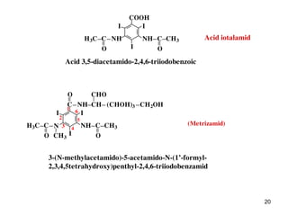20
COOH
I
I I
NH CH3NHC
O
H3C C
O
Acid 3,5-diacetamido-2,4,6-triiodobenzoic
CH3
1
2
3
6
4
5
O
I
I I
NH CH3
NH
C
O
H3C C
O
N
C CH
CHO
(CHOH)3 CH2OH
3-(N-methylacetamido)-5-acetamido-N-(1’-formyl-
2,3,4,5tetrahydroxy)penthyl-2,4,6-triiodobenzamid
(Metrizamid)
Acid iotalamid
 