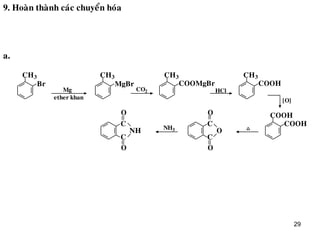 29
9. Hoaøn thaønh caùc chuyeån hoùa
CH3
Br
Mg
ether khan
CO2
MgBr
CH3 CH3
COOMgBr
HCl
CH3
COOH
[O]
COOH
COOH
NH3NH O
CC
O
OO
O
C C
a.
 