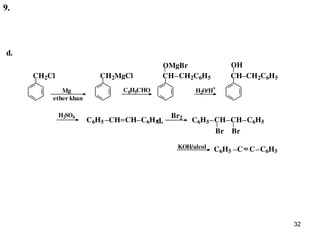 32
CH2Cl
C6H5CHO
CH2MgCl
Mg
ether khan
CH
OMgBr
CH2C6H5
H2O/H
+
CH CH2C6H5
OH
H2SO4
C6H5 CH CH C6H5 C6H5 CH
Br
CH
Br
C6H5
Br2
KOH/alcol C6H5 C C C6H5
d.
d.
9.
 