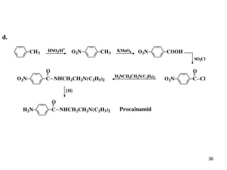 36
d.
CH3
HNO3/H
+
O2N CH3
KMnO4 O2N COOH
O2N
O
C Cl
SO2Cl
H2NCH2CH2N(C2H5)2
O2N C NHCH2CH2N(C2H5)2
O
H2N
[H]
C NHCH2CH2N(C2H5)2
O
Procainamid
 
