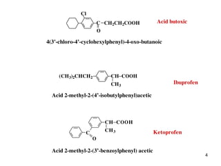 4
(CH3)2CHCH2 CH
CH3
COOH
Acid 2-methyl-2-(4’-isobutylphenyl)acetic
Acid 2-methyl-2-(3’-benzoylphenyl) acetic
C
O
CH
CH3
COOH
Ibuprofen
Ketoprofen
Cl
C
O
CH2CH2COOH
4(3’-chloro-4’-cyclohexylphenyl)-4-oxo-butanoic
Acid butoxic
 