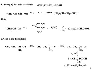 8
b. Töông töï vôùi acid isovaleric CH2 COOH(CH3)2CH
(CH3)2CH OHCH2
KCN H2O/H
+
PCl5 CH2 COOH(CH3)2CH
(CH3)2CH OH
H2O/H
+
PCl5
C2H5O
t
oCH2
COOC2H5
COOC2H5
CO2
(CH3)2CHCH2COOH
c.Acid -methylbutyric
CH3
CH3 CH2
H2O/H
+
PCl5CH3 CH2 CH OH CH CN
CH3
KCNCl CH3 CH2 CH
CH3
CH3CH2CHCOOH
CH3
Hoaëc:
Acid -methylbutyric
 