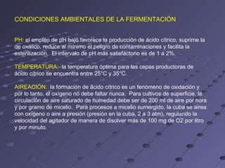 CONDICIONES AMBIENTALES DE LA FERMENTACIÓN


PH: el empleo de pH bajo favorece la producción de ácido cítrico, suprime la
de oxálico, reduce al mínimo el peligro de contaminaciones y facilita la
esterilización. El intervalo de pH más satisfactorio es de 1 a 2%.

TEMPERATURA: la temperatura óptima para las cepas productoras de
ácido cítrico se encuentra entre 25°C y 35°C.

AIREACIÓN: la formación de ácido cítrico es un fenómeno de oxidación y
por lo tanto, el oxígeno no debe faltar nunca. Para cultivos de superficie, la
circulación de aire saturado de humedad debe ser de 200 ml de aire por hora
y por gramo de micelio. Para procesos a micelio sumergido, la cuba se airea
con oxígeno o aire a presión (presión en la cuba, 2 a 3 atm), regulando la
velocidad del agitador de manera de disolver más de 100 mg de O2 por litro
y por minuto.
 
