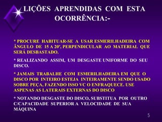 5
LIÇÕES APRENDIDAS COM ESTA
OCORRÊNCIA:-
* PROCURE HABITUAR-SE A USAR ESMERILHADEIRA COM
ÂNGULO DE 15 A 20º, PERPENDICULAR AO MATERIAL QUE
SERÁ DESBASTADO.
* REALIZANDO ASSIM, UM DESGASTE UNIFORME DO SEU
DISCO.
* JAMAIS TRABALHE COM ESMERILHADEIRA EM QUE O
DISCO POR INTEIRO ESTEJA INTEIRAMENTE SENDO USADO
SOBRE PEÇA, FAZENDO ISSO VC O ENFRAQUECE. USE
ASPENAS AS LATERAIS EXTERNAS DO DISCO
* NOTANDO DESGASTE DO DISCO, SUBSTITUA POR OUTRO
C/CAPACIDADE SUPERIOR A VELOCIDADE DE SUA
MÁQUINA
 
