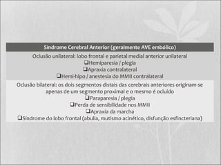 Síndrome Cerebral Anterior (geralmente AVE embólico)
Oclusão unilateral: lobo frontal e parietal medial anterior unilateral
Hemiparesia / plegia
Apraxia contralateral
Hemi-hipo / anestesia do MMII contralateral
Oclusão bilateral: os dois segmentos distais das cerebrais anteriores originam-se
apenas de um segmento proximal e o mesmo é ocluído
Paraparesia / plegia
Perda de sensibilidade nos MMII
Apraxia da marcha
Síndrome do lobo frontal (abulia, mutismo acinético, disfunção esfincteriana)
 