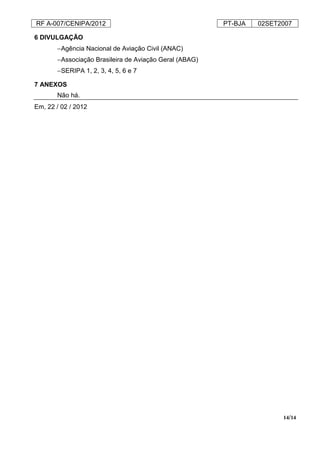 RF A-007/CENIPA/2012 PT-BJA 02SET2007
14/14
6 DIVULGAÇÃO
−Agência Nacional de Aviação Civil (ANAC)
−Associação Brasileira de Aviação Geral (ABAG)
−SERIPA 1, 2, 3, 4, 5, 6 e 7
7 ANEXOS
Não há.
Em, 22 / 02 / 2012
 