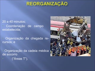 20 a 40 minutos;
• Coordenação de campo
estabelecida;

• Organização da chegada re-
cursos; e

• Organização da cadeia médica
de socorro
•     (“Áreas T”).
 