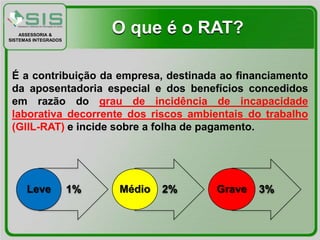 ASSESSORIA &
SISTEMAS INTEGRADOS
                           O que é o RAT?

 É a contribuição da empresa, destinada ao financiamento
 da aposentadoria especial e dos benefícios concedidos
 em razão do grau de incidência de incapacidade
 laborativa decorrente dos riscos ambientais do trabalho
 (GIIL-RAT) e incide sobre a folha de pagamento.




      Leve            1%   Médio   2%   Grave   3%
 