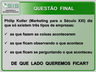 ASSESSORIA &
SISTEMAS INTEGRADOS
                      QUESTÃO FINAL

  Philip Kotler (Marketing para o Século XXI) diz
  que só existem três tipos de empresas:

   as que fazem as coisas acontecerem

   as que ficam observando o que acontece

   as que ficam se perguntando o que aconteceu
 