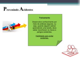 Treinamento
Desenvolve conhecimento por
meio de práticas seguras, ou
seja, quando alguém estiver
aprendendo uma tarefa, deve
saber reconhecer os riscos e
perigos existentes.
Habilidade para evitar
acidentes.
Prevenindo Acidentes
 