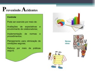 Controle
Pode ser exercido por meio de:
Avaliações de expectativas e
envolvimento de colaboradores;
Implementação de normas e
procedimentos;
Planejamento para otimização de
condições seguras;
Reforço por meio de práticas
segura.
Prevenindo Acidentes
 