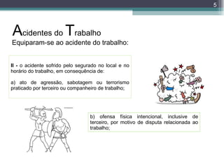 II - o acidente sofrido pelo segurado no local e no
horário do trabalho, em consequência de:
a) ato de agressão, sabotagem ou terrorismo
praticado por terceiro ou companheiro de trabalho;
Equiparam-se ao acidente do trabalho:
b) ofensa física intencional, inclusive de
terceiro, por motivo de disputa relacionada ao
trabalho;
Acidentes do Trabalho
5
 