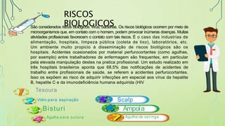 RISCOS
BIOLOGICOS
São considerados riscos biológicos: vírus, bactérias. Os riscos biológicos ocorrem por meio de
microorganismos que, em contato com o homem, podem provocar inúmeras doenças. Muitas
atividades profissionais favorecem o contato com tais riscos. É o caso das industrias de
alimentação, hospitais, limpeza pública (coleta de lixo), laboratórios, etc.
Um ambiente muito propicio á disseminação de riscos biológicos são os
hospitais. Acidentes ocasionados por material perfurocortantes (como agulhas,
por exemplo) entre trabalhadores de enfermagem são frequentes, em particular
pela elevada manipulação destes na pratica profissional. Um estudo realizado em
três hospitais brasileiros aponta que 68,5% das notificações de acidentes de
trabalho entre profissionais de saúde, se referem a acidentes perfurocortantes.
Isso os expõem ao risco de adquirir infecções em especial aos vírus da hepatite
B, hepatite C e da imunodeficiência humana adquirida (HIV
Tesoura
Vidro para aspiração
Bisturi
Agulha para sutura
Scalp
Ampola
Agulha de seringa
 