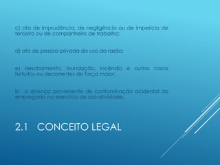 2.1 CONCEITO LEGAL
c) ato de imprudência, de negligência ou de imperícia de
terceiro ou de companheiro de trabalho;
d) ato de pessoa privada do uso da razão;
e) desabamento, inundação, incêndio e outros casos
fortuitos ou decorrentes de força maior;
III - a doença proveniente de contaminação acidental do
empregado no exercício de sua atividade;
 