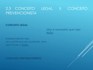 2.3 CONCEITO LEGAL X CONCEITO
PREVENCIONISTA
CONCEITO LEGAL:
Independente das
circunstâncias do acidente, tem
que haver a lesão.
CONCEITO PREVENCIONISTA:
Não é necessário que haja
lesão.
 