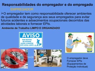 Responsabilidades do empregador e do empregado
EMPREGADOR
O empregador tem como responsabilidade oferecer ambientes
de qualidade e de segurança aos seus empregados para evitar
futuros acidentes e adoecimentos ocupacionais decorridos das
atividades laborais e fornecer EPIs.
O empregador deve
Fornecer EPIs
(Equipamentos de
Proteção Individual)
Ambiente de Trabalho LIMPO E ORGANIZADOAmbiente de Trabalho LIMPO E ORGANIZADO
 