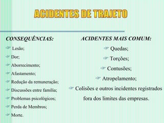 ACIDENTES DE TRAJETO CONSEQUÊNCIAS: Lesão; Dor; Aborrecimento; Afastamento; Redução da remuneração; Discussões entre família; Problemas psicológicos; Perda de Membros; Morte. ACIDENTES MAIS COMUM: Quedas; Torções; Contusões; Atropelamento; Colisões e outros incidentes registrados  fora dos limites das empresas. 