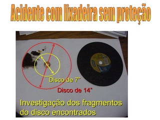 Disco de 14” Disco de 7” Investigação dos fragmentos  do disco encontrados Acidente com lixadeira sem proteção 