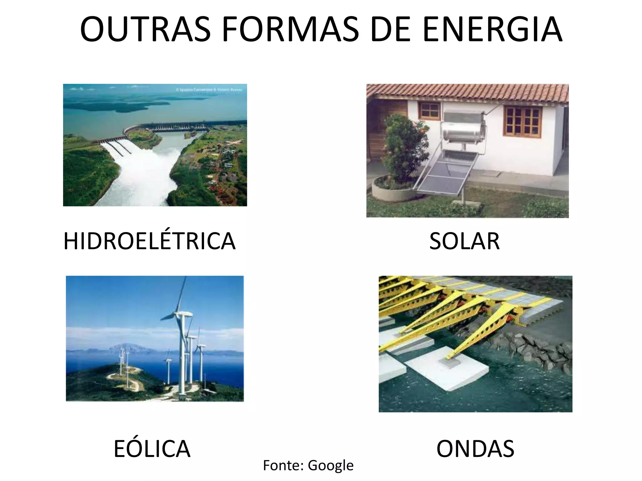OUTRAS FORMAS DE ENERGIA
SOLAR
EÓLICA ONDAS
HIDROELÉTRICA
Fonte: Google
 