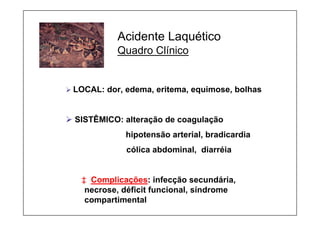 Acidente Laquético
Quadro Clínico
¾ LOCAL: dor, edema, eritema, equimose, bolhas
¾ SISTÊMICO: alteração de coagulação
hipotensão arterial, bradicardia
cólica abdominal, diarréia
‡ Complicações: infecção secundária,
necrose, déficit funcional, síndrome
compartimental
 