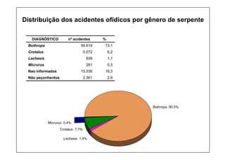 Distribuição dos acidentes ofídicos por gênero de serpente
Micrurus 0,4%
Crotalus 7,7%
Lachesis 1,4%
Bothrops 90,5%
2,9
2.361
Não peçonhentos
16,3
13.339
Nao informados
0,3
281
Micrurus
1,1
939
Lachesis
6,2
5.072
Crotalus
73,1
59.619
Bothrops
%
nº acidentes
DIAGNÓSTICO
 