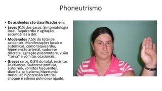 Phoneutrismo
• Os acidentes são classificados em:
• Leves 91% dos casos. Sintomatologia
local. Taquicardia e agitação,
secundárias à dor.
• Moderados 7,5% do total de
acidentes. Manifestações locais e
sistêmicas, como taquicardia,
hipertensão arterial, sudorese
discreta, agitação psicomotora, visão
“turva” e vômitos ocasionais.
• Graves raros, 0,5% do total, restritos
às crianças. Sudorese profusa,
sialorréia, vômitos freqüentes,
diarréia, priapismo, hipertonia
muscular, hipotensão arterial,
choque e edema pulmonar agudo.
 
