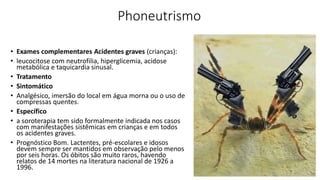 Phoneutrismo
• Exames complementares Acidentes graves (crianças):
• leucocitose com neutrofilia, hiperglicemia, acidose
metabólica e taquicardia sinusal.
• Tratamento
• Sintomático
• Analgésico, imersão do local em água morna ou o uso de
compressas quentes.
• Específico
• a soroterapia tem sido formalmente indicada nos casos
com manifestações sistêmicas em crianças e em todos
os acidentes graves.
• Prognóstico Bom. Lactentes, pré-escolares e idosos
devem sempre ser mantidos em observação pelo menos
por seis horas. Os óbitos são muito raros, havendo
relatos de 14 mortes na literatura nacional de 1926 a
1996.
 