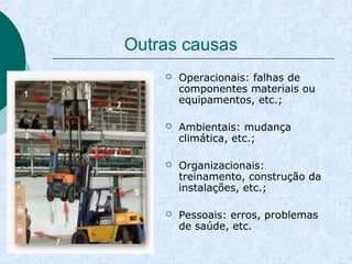 Outras causas 
 Operacionais: falhas de 
componentes materiais ou 
equipamentos, etc.; 
 Ambientais: mudança 
climática, etc.; 
 Organizacionais: 
treinamento, construção da 
instalações, etc.; 
 Pessoais: erros, problemas 
de saúde, etc. 
 
