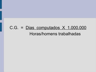 C.G. = Dias computados X 1.000.000
Horas/homens trabalhadas
 