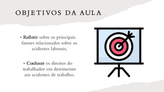 OB J E T I VOS DA AUL A
• Refletir sobre os principais
fatores relacionados sobre os
acidentes laborais;
• Conhecer os direitos do
trabalhador em detrimento
aos acidentes de trabalho;
 