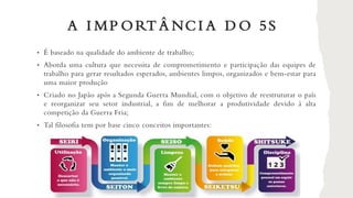 A I MP ORT Â NCI A D O 5S
• É baseado na qualidade do ambiente de trabalho;
• Aborda uma cultura que necessita de comprometimento e participação das equipes de
trabalho para gerar resultados esperados, ambientes limpos, organizados e bem-estar para
uma maior produção
• Criado no Japão após a Segunda Guerra Mundial, com o objetivo de reestruturar o país
e reorganizar seu setor industrial, a fim de melhorar a produtividade devido à alta
competição da Guerra Fria;
• Tal filosofia tem por base cinco conceitos importantes:
 