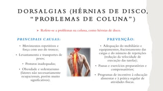 PRI NCI PAI S CAUSAS:
• Movimentos repetitivos e
força com uso do tronco;
• Levantamento e transportes de
pesos;
• Posturas inadequadas;
• Obesidade e sedentarismo
(fatores não necessariamente
ocupacionais, porém muito
significativos).
P RE VE NÇÃ O:
• Adequação do mobiliário e
equipamentos, fracionamento das
cargas e do número de repetições
(redução da velocidade de
execução das tarefas);
• Pausas e exercícios preparatórios e
compensatórios;
• Programas de incentivo à educação
alimentar e à prática regular de
atividades físicas.
D O RS A L G I A S ( H É RNI A S D E D I S C O,
“ P RO B L E MA S D E C O L UNA ” )
➢ Refere-se a problemas na coluna, como hérnias de disco.
 