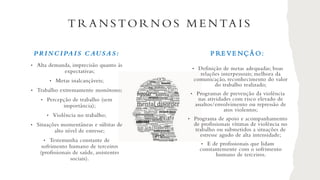 PRI NCI PAI S CAUSAS:
• Alta demanda, imprecisão quanto às
expectativas;
• Metas inalcançáveis;
• Trabalho extremamente monótono;
• Percepção de trabalho (sem
importância);
• Violência no trabalho;
• Situações momentâneas e súbitas de
alto nível de estresse;
• Testemunha constante de
sofrimento humano de terceiros
(profissionais de saúde, assistentes
sociais).
P RE VE NÇÃ O:
• Definição de metas adequadas; boas
relações interpessoais; melhora da
comunicação, reconhecimento do valor
do trabalho realizado;
• Programas de prevenção da violência
nas atividades com risco elevado de
assaltos/envolvimento ou repressão de
atos violentos;
• Programa de apoio e acompanhamento
de profissionais vítimas de violência no
trabalho ou submetidos a situações de
estresse agudo de alta intensidade;
• E de profissionais que lidam
constantemente com o sofrimento
humano de terceiros.
T R A N S TO R N O S M E N TA I S
 