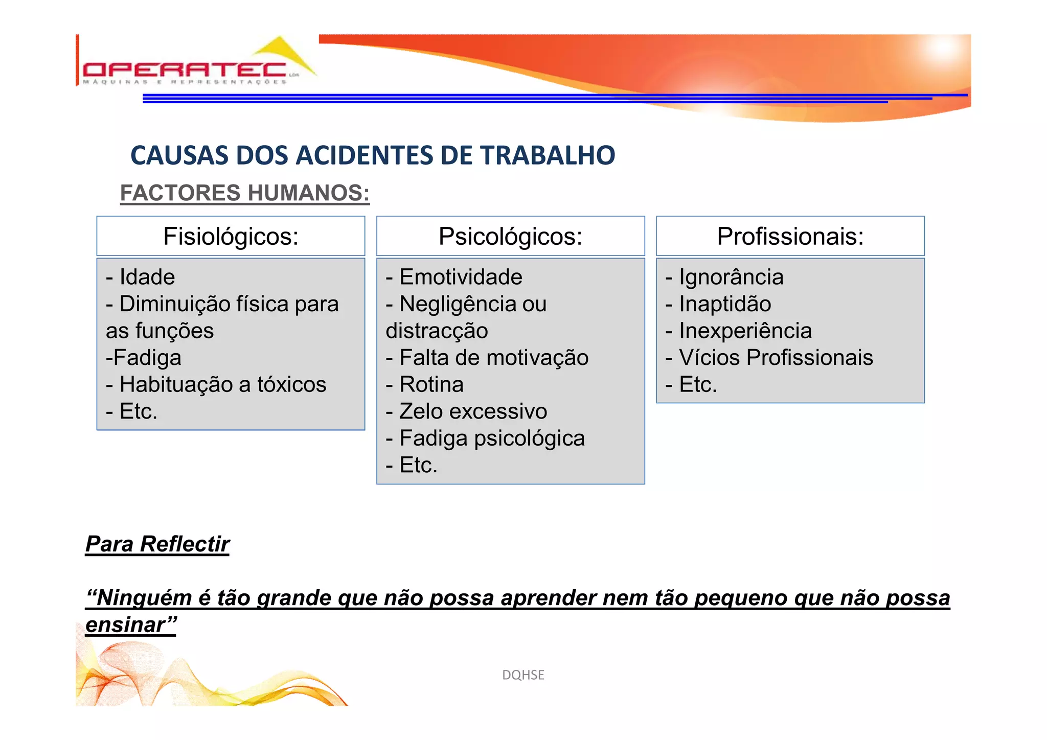 DQHSE
CAUSAS DOS ACIDENTES DE TRABALHO
FACTORES HUMANOS:
Fisiológicos:
- Idade
- Diminuição física para
as funções
-Fadiga
- Habituação a tóxicos
- Etc.
Psicológicos:
- Emotividade
- Negligência ou
distracção
- Falta de motivação
- Rotina
- Zelo excessivo
- Fadiga psicológica
- Etc.
Profissionais:
- Ignorância
- Inaptidão
- Inexperiência
- Vícios Profissionais
- Etc.
Para Reflectir
“Ninguém é tão grande que não possa aprender nem tão pequeno que não possa
ensinar”
 
