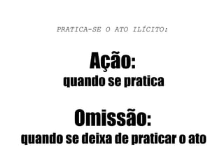 PRATICA-SE O ATO ILÍCITO:
Ação:
quando se pratica
Omissão:
quando se deixa de praticar o ato
 
