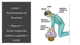 PASSO 5 –
Posicionamento do
Socorrista
Passo 6 –
Iniciar compressão
cardíaca e aguardar o
SAMU
 