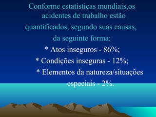 Conforme estatísticas mundiais,os
acidentes de trabalho estão
quantificados, segundo suas causas,
da seguinte forma:
* Atos inseguros - 86%;
* Condições inseguras - 12%;
* Elementos da natureza/situações
especiais - 2%.
 
