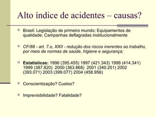 Alto índice de acidentes – causas? 
 Brasil: Legislação de primeiro mundo; Equipamentos de 
qualidade; Campanhas deflagradas institucionalmente 
 CF/88 - art. 7.o, XXII - redução dos riscos inerentes ao trabalho, 
por meio de normas de saúde, higiene e segurança; 
 Estatísticas: 1996 (395.455) 1997 (421.343) 1998 (414.341) 
1999 (387.820) 2000 (363.868) 2001 (340.251) 2002 
(393.071) 2003 (399.077) 2004 (458.956) 
 Conscientização? Custos? 
 Imprevisibilidade? Fatalidade? 
 